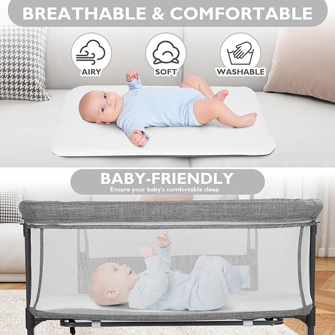 Baby Bassinet Bedside Sleeper, 2 in 1 Folding Portable Newborn Bedside Sleeper, All-Sided Mesh Infant Travel Crib for Toddlers, 6 Adjustable Height, with 4 Wheels, Grey