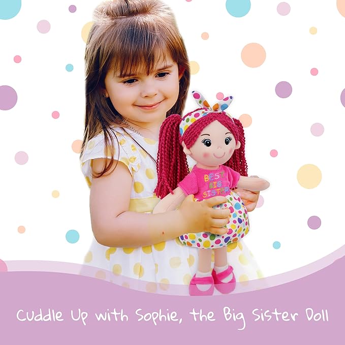 June Garden 14" Best Big Sister Sophie - Soft Cuddly Plush Doll Gift for Girls - Huggable Rag Doll - Pink M