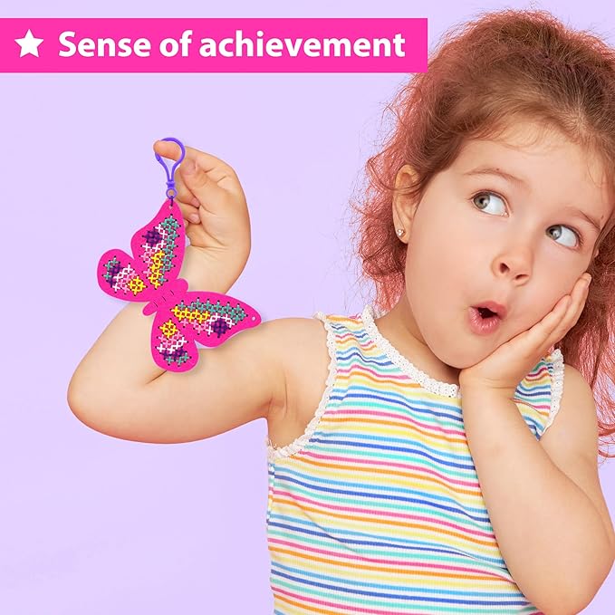 KRAFUN Cross Stitch Kits for Kids Beginners, 4 Cross Stitching Keyrings Arts & Crafts with Butterfly and Flower, Needlepoint Embroidery Kit for Girls 5-13 Craft Kit Backpack Charms, Ornaments