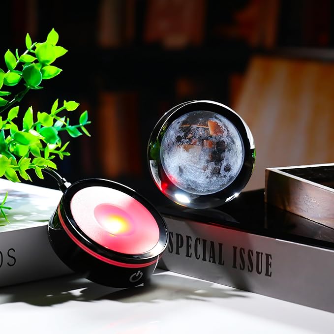 3D Moon Model Crystal Ball Led Lamp Base - Space Decor World Globe Planets Sphere Night Light 80mm 3.15 Inch - Solar System Decor Best Birthday Astronomy Gifts for Men Physics Science Teacher