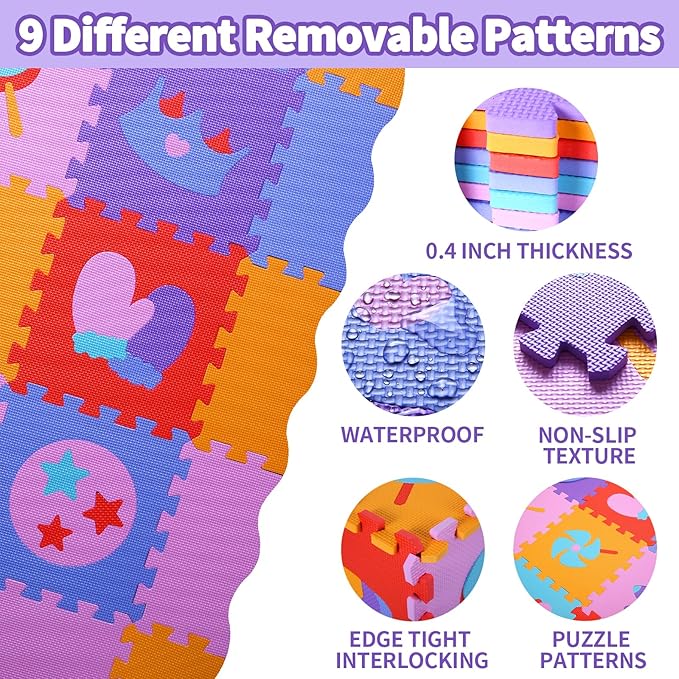 Coolcandy Baby Play Mat, 25Pcs Interlocking Puzzle Floor Mat, with Safety Fence - 0.4" Thick Non-Toxic EVA Foam Play Mat, for Infants & Toddlers 3-36 Months, Soft Puzzle Tiles for Play Areas