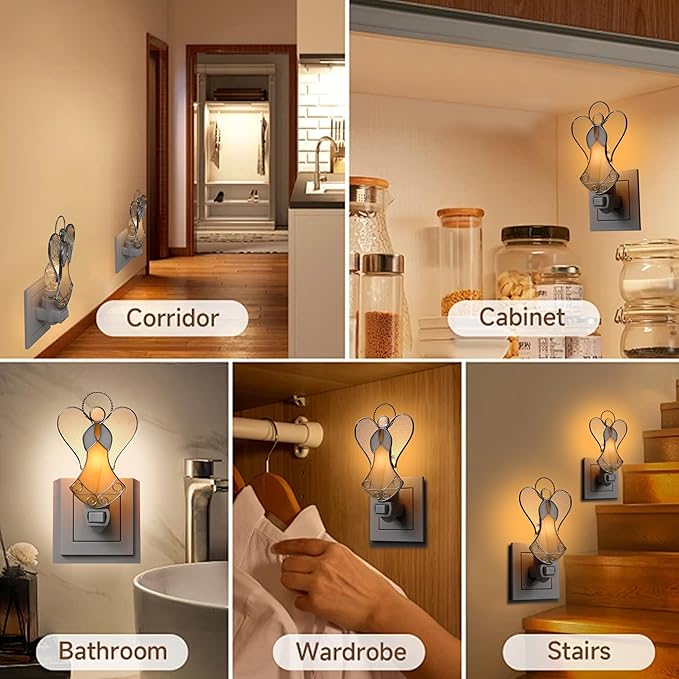 Night Lights Plug into Wall,Stained Glass Yellow Angel Plug in Night Light for Wall Socket Decorative Nightlight for Bedroom Hallway Kitchen Home for Mom Mother`s Day Birthday Christmas Gifts