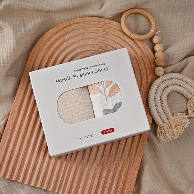 Muslin Bassinet Fitted Sheets, 2 Pack for Baby Boy and Girl, Soft Breathable Stretchy Baby Pad/Mattress Sheet Set, Universal Fit for Hourglass Oval and Rectangle Bassinet Mattress (Bright Leaves)