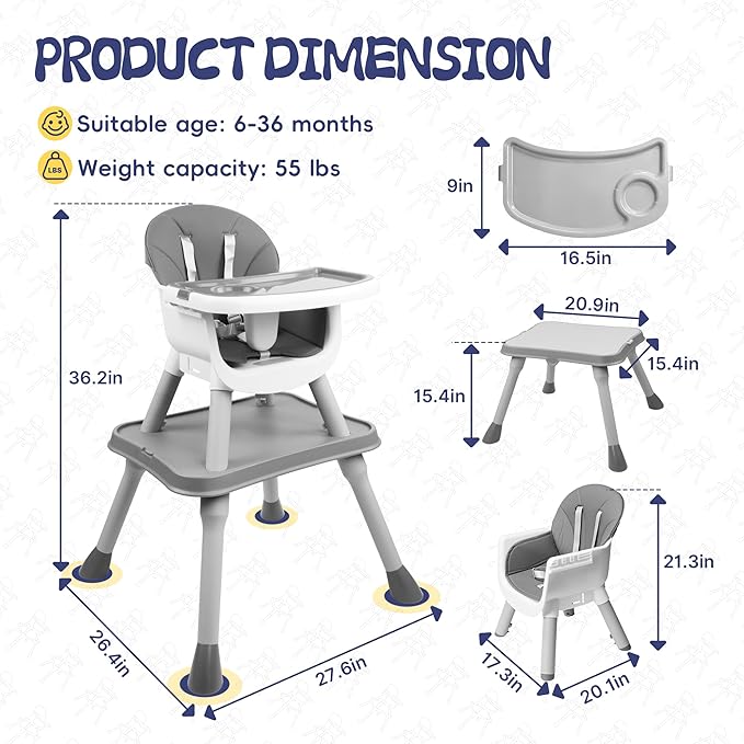 4 in 1 Baby High Chair, Toddler Chair with Removable Tray, Convertible High Chairs for Babies and Toddlers, Kids Learning Table, Building Block Table, Dining Booster Seat with Safety Harness, Gray