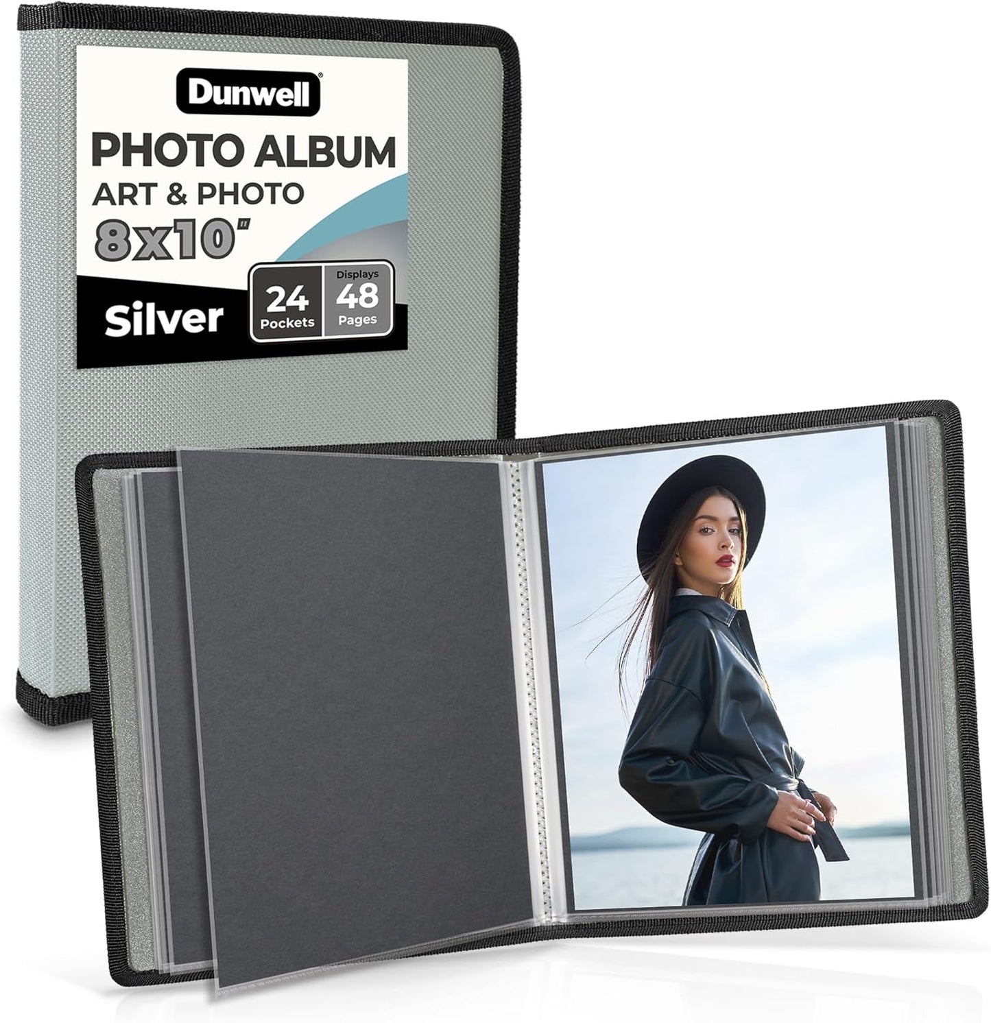 Dunwell Photo Album 8x10 (Silver) with Black Mounting Paper, 8 x 10 Photo & Art Portfolio Presentation Book, 24 Sleeves, Displays 48 Pages, Professional Photography Book for Pictures, Artwork