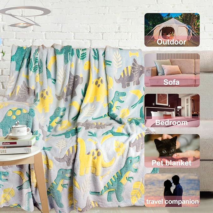 TEHALK Dinosaur Fleece Blanket, 40x60in, Glow in The Dark, Soft Throw Blanket for Boys/Kids, Birthday Gifts