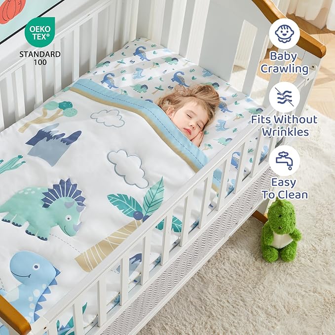 Wowelife Dinosaur Crib Bedding Set for Boys Light Blue, Premium 3-Piece Baby Bedding Set, Nursery Crib Set, Newborn, Infant & Toddler Nursery Bed Set, Light Blue Dinosaur
