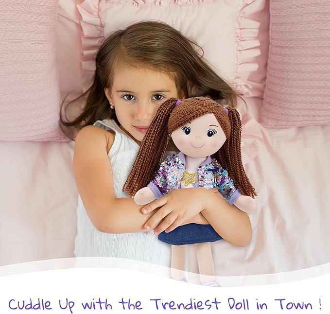 June Garden 14" Snuggle Cutie Sophie Glam - Soft Cuddly Plush Doll Gift for Girls - Huggable Rag Doll - Trendy Outfit M