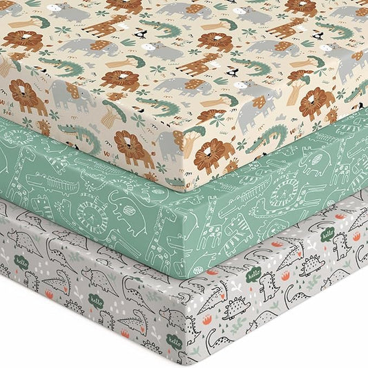 Baby Crib Sheets for Boys Girls, 28x52x8in Fitted Crib Sheet Neutral 3 Pack for Standard Crib and Toddler Mattress, Breathable Soft Microfiber Baby Sheet Green & Apricot Lion