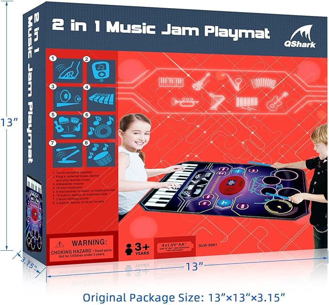 2 in 1 Kids Music Learning Toys for Boys Girls, Drum Set + Piano Mat | Record & Playback, Built-in Songs, 8 Instrument Sounds, 24 Keys, Christmas Birthday Gifts for Toddler 3 4 5 6 7 8 Years