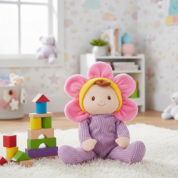 June Garden My First Doll Florie Blossom – 10" Soft Plush Doll – Baby Safe Infant Cuddle Toy – Newborn Purple Corduroy – 0+ Months