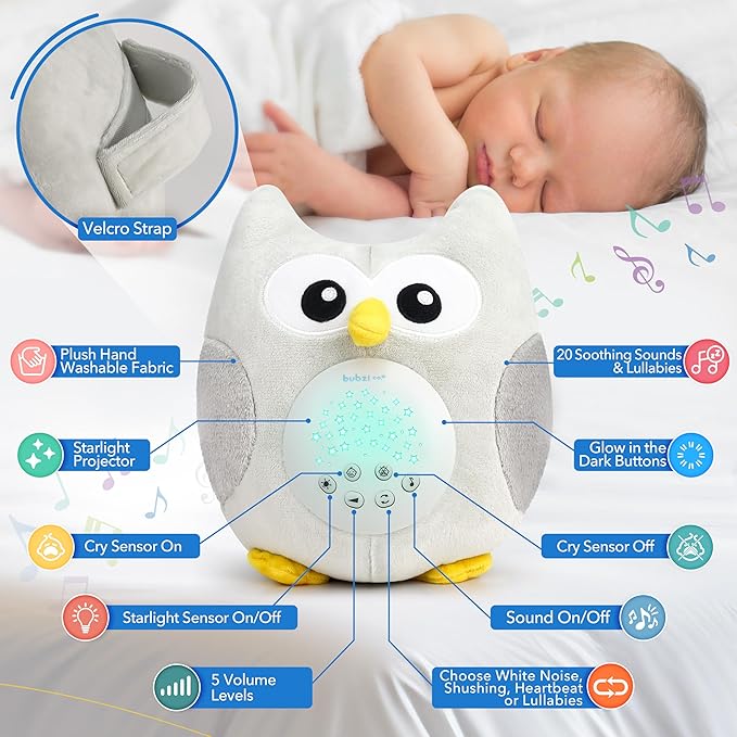 Bubzi Co Sound Machine, Portable Owl Soother & Night Light Projector, Comforting Electronic Infant Toddler Sleep Aid & Shush with White Noise
