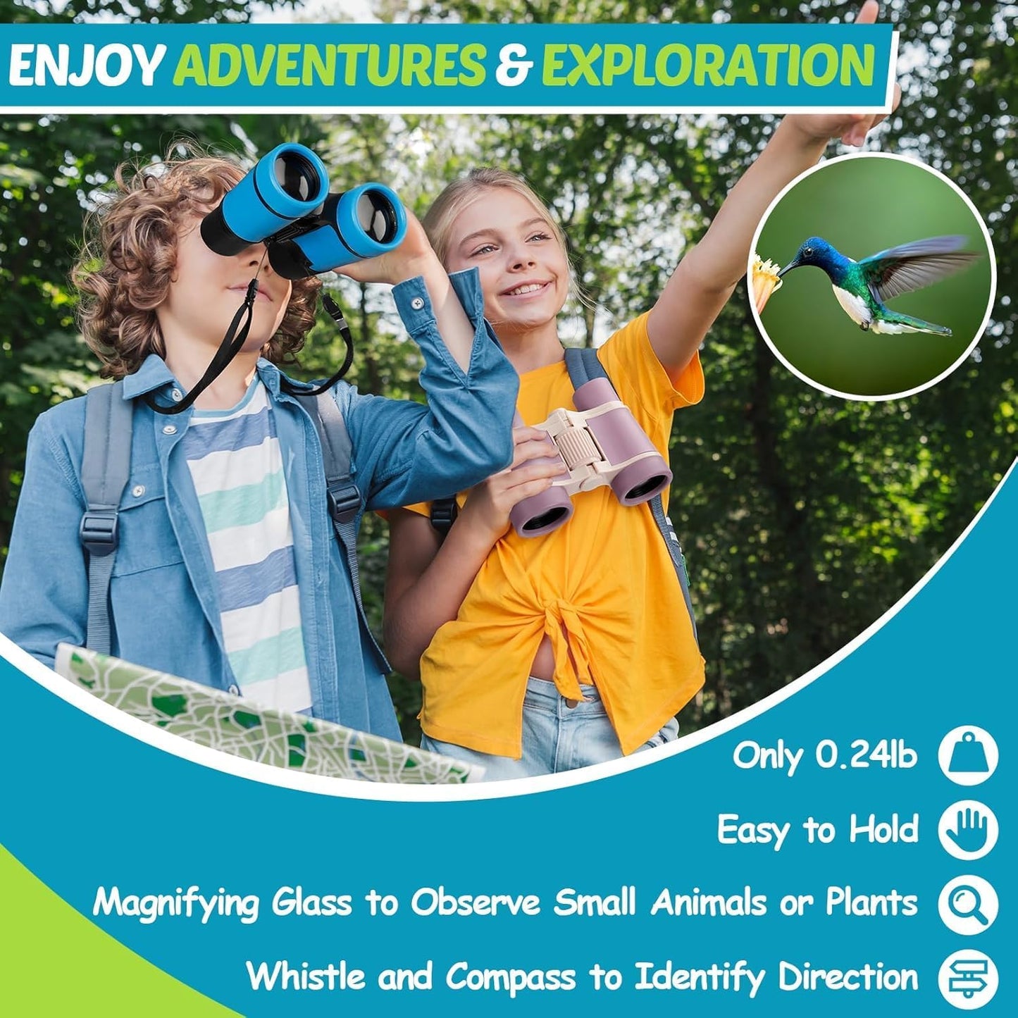 Binoculars for Kids, Kids Binoculars Toys for 3 4 5 6 7 8 Years Boys and Girls, Set with Magnifying Glass & Compass - Birthday Gifts Outdoor Toy for Kid Ages 3-8 Toddler Camping (Blue)