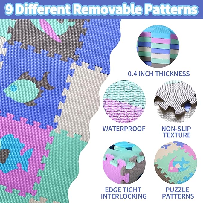 Coolcandy Baby Play Mat, 25Pcs Interlocking Puzzle Floor Mat, with Safety Fence - 0.4" Thick Non-Toxic EVA Foam Play Mat, for Infants & Toddlers 3-36 Months, Soft Puzzle Tiles for Play Areas