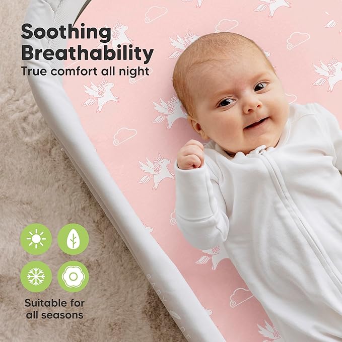 2-Pack Organic Bassinet Sheets for Girls, Boys - 100% Cotton Bassinet Mattress Sheets Compatible with Halo Bassinest Swivel Sleeper, Graco,Baby Delight,Chicco,Unisex Fitted Bassinet Sheets (Dreamland)