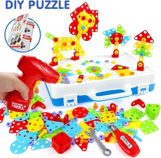 STEM Toys for 3 5 7 Year Old Boys Kids, 232 Pcs Kids Drill Set Building Blocks, DIY Educational Construction Engineering Toys, Creative Mosaic Electric Drill Set Gift for Kid Boys Girls Age 3-8 Years