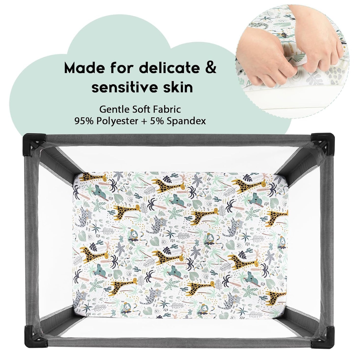 Yoofoss Pack and Play Sheets Fitted, Mini Crib Sheets 2-Pack for Pack N Play Mattress, Stretchy Playard Sheet, Soft and Breathable Green+Giraff