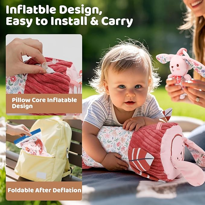 vocheer Tummy Time Pillow with Detachable Sensory Toys for Babies,Inflatable Design,Pink Rabbit, Baby Girl Toys 3-6 Months with Tummy Time Mirror, Rattles, Teether, Baby Girl Gifts