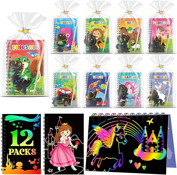 12 Pack Scratch Art Party Favors for Kids - Rainbow Scratch Paper Notebook with Scratch Off Cards Easter Basket Stuffers Birthday Goodie Bags Stuffers with - Return Gifts DIY Classroom Prizes