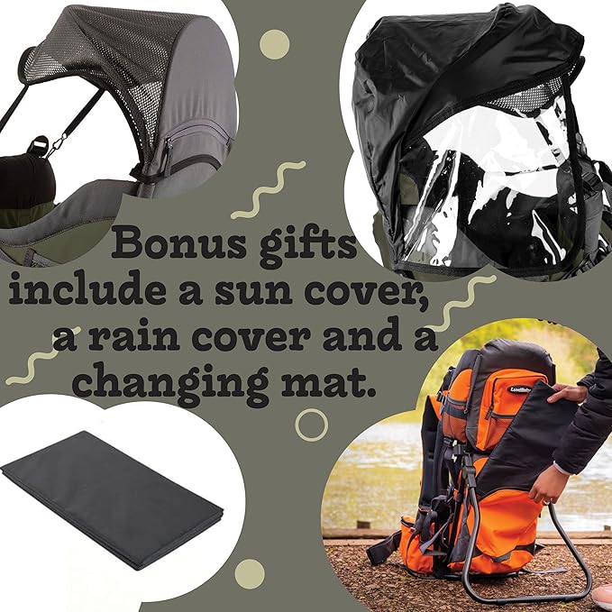 Hiking Baby Carrier Backpack - Comfortable Toddler/Baby Backpack Carrier System with Diaper Change Pad, Insulated Pocket + Rain and Sun Hood to Protect Your Child