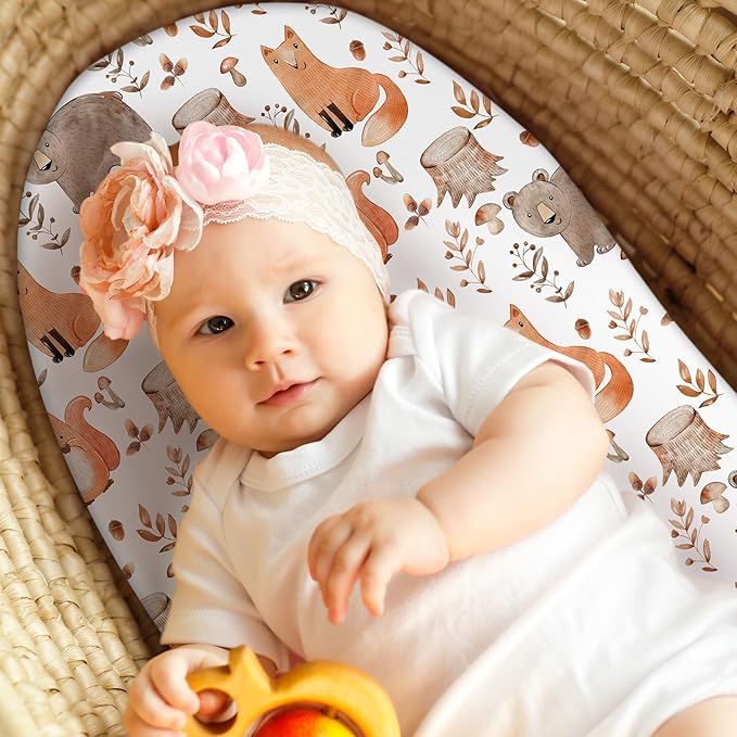 Baby Bassinet Sheets Girl Boy, Fitted Bassinet Sheet Set 3 Pack Bassinet Mattress Sheets Universal Fit for Rectangle, Round, Oval, Hourglass Mattress, Soft Breathable Green & Brown Fox