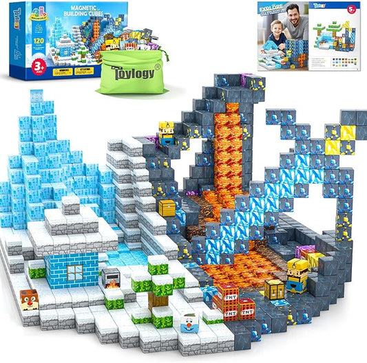 120PCS Large Magnetic Blocks-Build Mine Magnet World Ice & Sword Edition, Building Blocks Kids Toys STEM Sensory Toys for Ages 3-4 5-7 8-13, Gifts for 3 4 5 6 7 8 Year Old Boys Girls