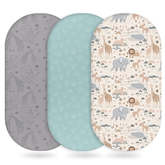 Baby Bassinet Sheets Girl Boy, Fitted Bassinet Sheet Set 3 Pack Bassinet Mattress Sheets Universal Fit for Rectangle, Round, Oval, Hourglass Mattress, Soft Breathable Elephant