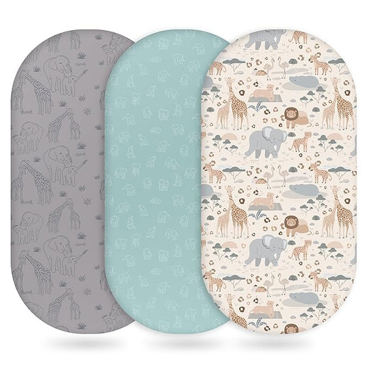 Baby Bassinet Sheets Girl Boy, Fitted Bassinet Sheet Set 3 Pack Bassinet Mattress Sheets Universal Fit for Rectangle, Round, Oval, Hourglass Mattress, Soft Breathable Elephant