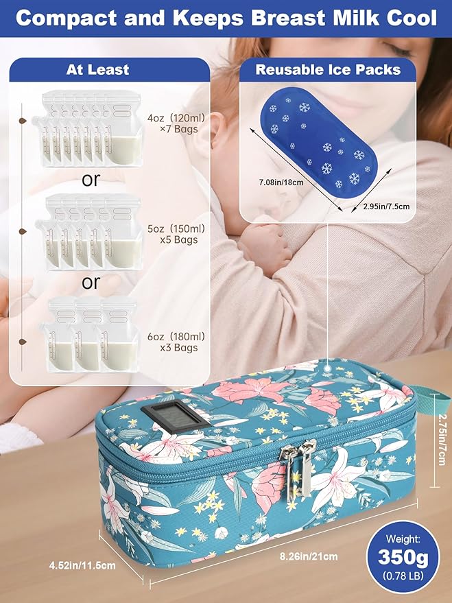 YOUSHARES Breastmilk Cooler Travel Bag with Digital Thermometer, Small Insulated Baby Milk Storage with 2 Ice Packs, Daycare and On-the-Go Moms （Lily）