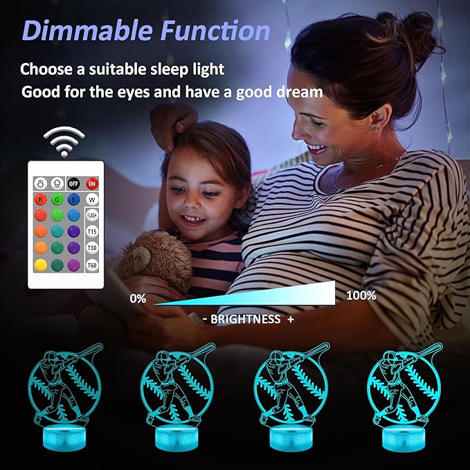 Baseball Gifts for Boys, Baseball 3D Illusion Lamp, Night Light with 16 Colors Remote Control, Decor for Kids Room, Boy Men Christmas Birthday Gifts