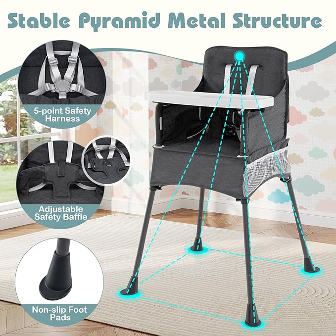 HONEY JOY Portable High Chair for Babies and Toddlers, Foldable Highchair with Tray, Storage Pocket, 5-Point Safety Harness, Compact Space Saver Baby Feeding Chair for Travel, Carry Bag (Gray)