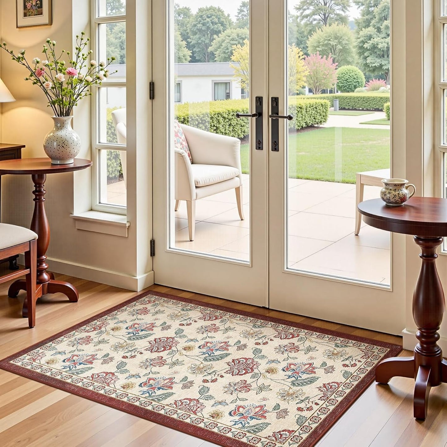 jinchan 3x5 Floral Rug for Entryway Washable Kitchen Rug Vintage Romance Design Small Mat Non Slip Indoor Doormat Lightweight Low-Profile Throw Carpet for Entrance Bathroom Laundry Room, Red/Beige