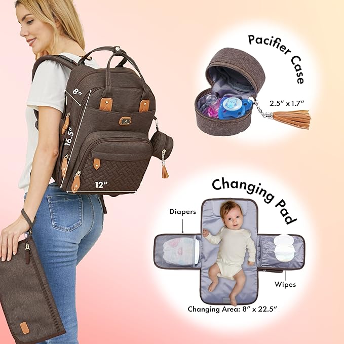 Dikaslon Diaper Bag Backpack with Portable Changing Pad, Pacifier Case and Stroller Straps, Large Unisex Baby Bags for Boys Girls, Multipurpose Travel Back Pack Moms Dads, Brown