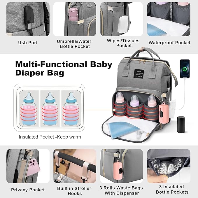 juman Diaper Bag Backpack, Large Diaper Bag with Changing Station, Baby Bag with USB Charging Port, 3 Rolls of Waste Bags with Dispenser, Waterproof Diaper Bags for Boys & Girls, Baby Shower Gifts