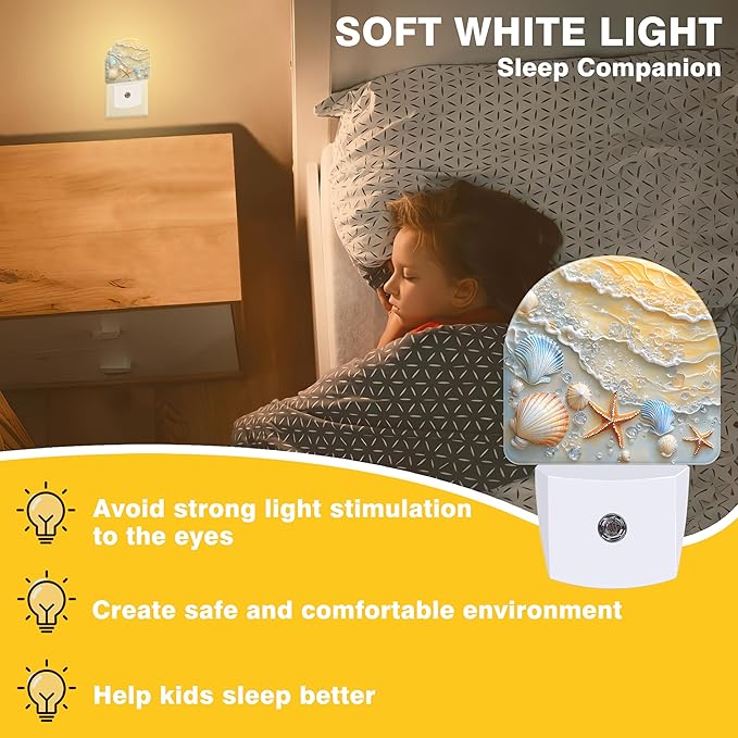 Night Light, Seashells and Seastars on Beach Night Lights Plug into Wall Dusk to Dawn Sensor Round Nightlight for Women Men Energy Efficient Led Lamp 0.5W for Stairway Hallway Bedroom