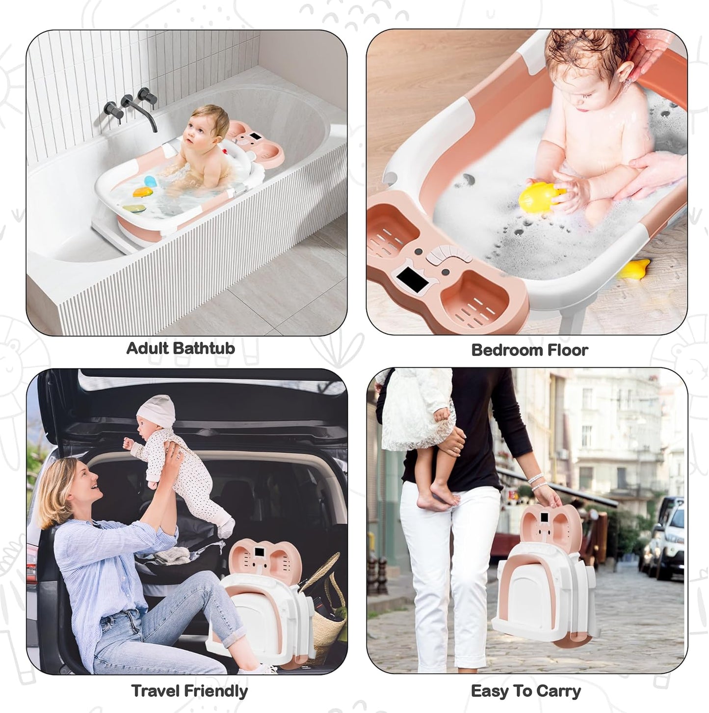 Collapsible Baby Bathtub,Baby Bath Tub with Soft Cushion & Thermometer,Baby Bathtub Newborn to Toddler 0-36 Months,Portable Travel Baby Tub