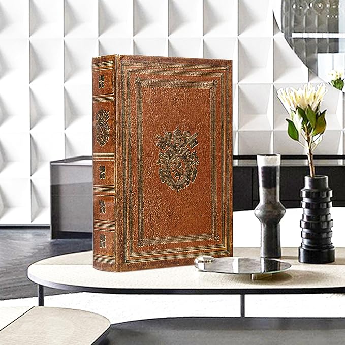 Decorative Book Box Fake Leather Embossed Cover Vintage Style Brown Storage Box - Large 1-06, Decoration for Coffee Table, Bookshelves, Jewelry, Postcard, Photo Storage, Graduation Gift