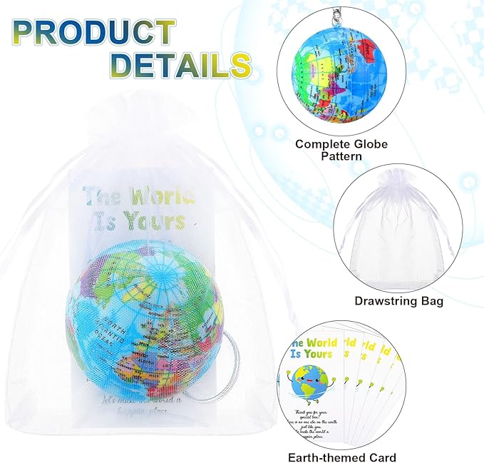 Quelay 24 Pack Earth Day Globe Keychains for Kids, Planet Earth Keyrings Toy Includes Globe Stress Balls Cards Organza Bags, School Party Favor