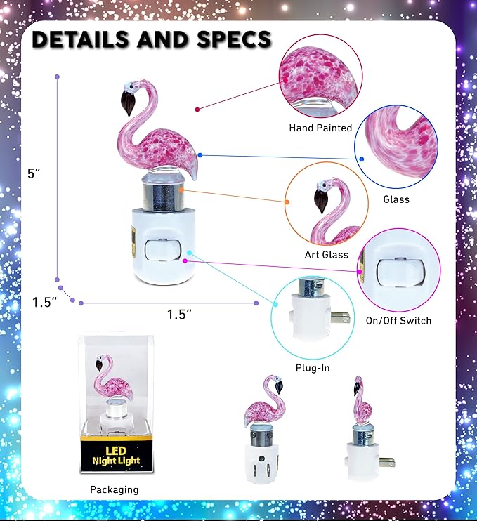 Cota Global Flamingo Night Light - Decorative Night Lights Plug Into Wall with Switch, Unique Handmade Glass LED Night Light For Kids and Adults, Light for Bedroom, Bathroom, Nursery, Hallway - 5 Inch