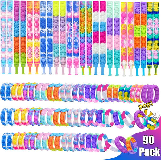 90Pcs Pop Bracelet, Party Favors for Kid, Pop Wrist Strap Fidget Toys Pack ,Fidget Toys for Girils Boys, as Gifts for Easter Chrismas,Classroom Prizes for Students
