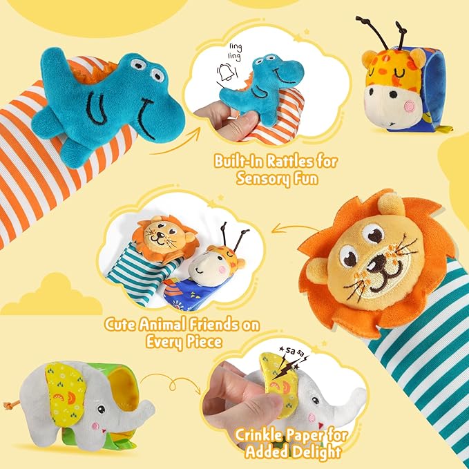 URMYWO Wrist Rattles for Baby - Rattle Socks - Foot Finder Set - Baby Toys for 0-12 Months Infant - Newborn Essentials - Early Learning Sensery Toys for Boys and Girls as Shower Gifts