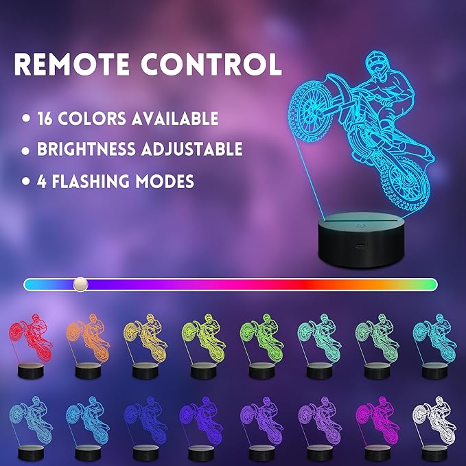 Dirt Bike 3D Night Light, LED Illusion Optical Lamp With16 Colors Changes & Remote Control & Timer, Motorcycle Room Decor, Birthday Christmas Gifts for Boys Girls Kids Men
