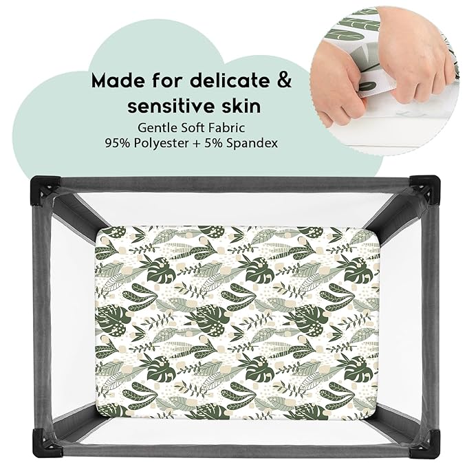 Yoofoss Pack and Play Sheets Fitted, Mini Crib Sheets 2-Pack for Pack N Play Mattress, Stretchy Playard Sheet, Soft and Breathable (Green + Banana Leaves)