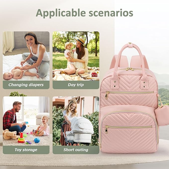 Diaper Bag Backpack,Baby Essentials Diapers Bag with Pacifier Case,Multipurpose Stylish Large Capacity Travel Backpack for Baby Girl/Boy(M-Pink)
