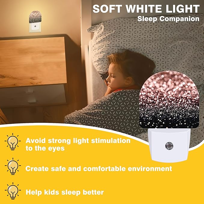 Night Lights Plug into Wall Rose Gold Glitter Night Light Dusk to Dawn Smart Sensor Decorative Round Led Lamp for Bedroom Kitchen Hallway Nightlight for Women Men