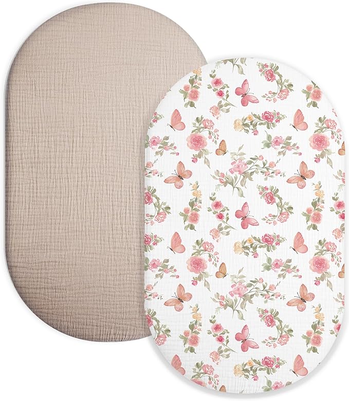 Bassinet Sheet for Baby Boy and Girl 2 Pack, Fitted Sheets for Rectangle, Oval, Hourglass Bassinet Mattress, Muslin Moses Basket Sheets with Neutral Style (Butterfly & Beige)