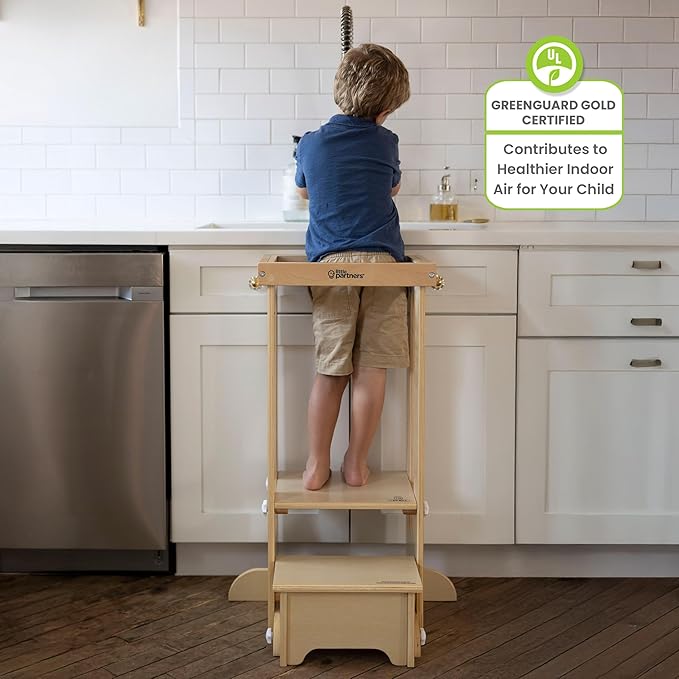 Little Partners Foldable Toddler Tower, Learning Tower Explore 'N Store Montessori Standing Kitchen Tower with Folding Step Stool Platform for Cooking and Learning, Ages 2+ (Natural)