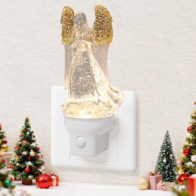 Christmas Angel Night Light Plug into Wall Swirling Glitter USB Portable Christmas Decorative Night Light Decoration for Kids Adults Bedroom Kitchen Living Room Holiday Decor (Angel)