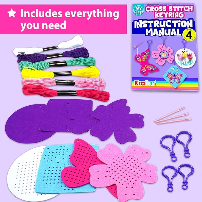 KRAFUN Cross Stitch Kits for Kids Beginners, 4 Cross Stitching Keyrings Arts & Crafts with Butterfly and Flower, Needlepoint Embroidery Kit for Girls 5-13 Craft Kit Backpack Charms, Ornaments