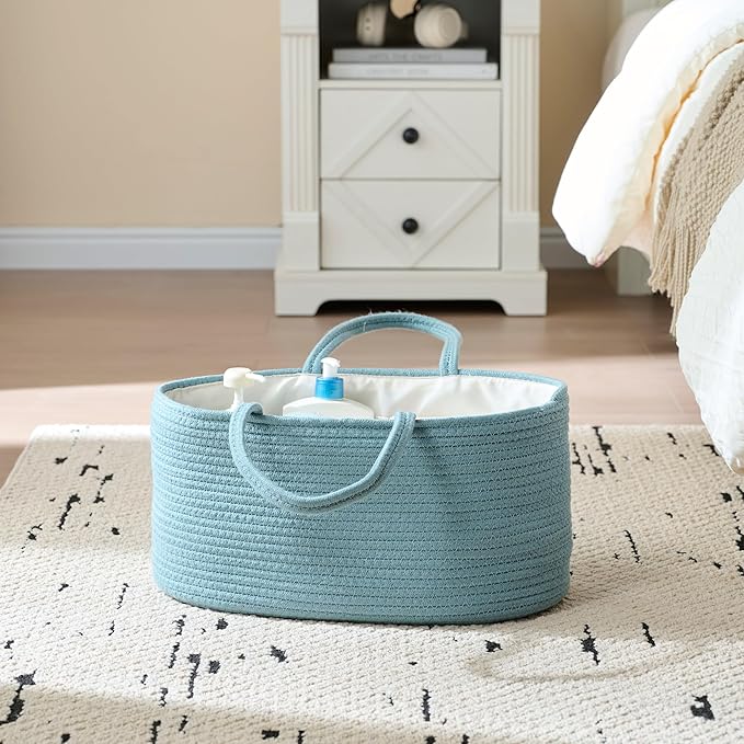 Baby Diaper Caddy Organizer, Extra Large Cotton Rope Nursery Diaper Basket, Changing Table Organizer, Portable Tote Bag with Divider, Car Storage, Baby Shower Gifts for Newborn Girls - Lake Blue